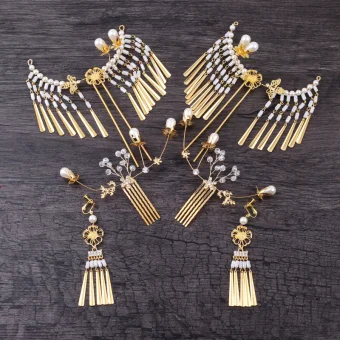 Chic Beautiful Gold Bridal Jewelry 2019 Metal Crystal Pearl Beading Headpieces Earrings Wedding Accessories