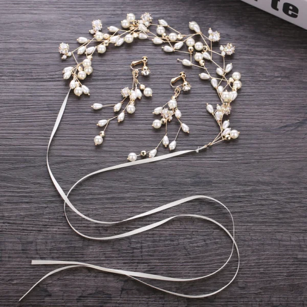 Elegante Goud Huwelijk Hoofdbanden Bruids Haaraccessoires 2019 Metaal Zirkonium Parel Haaraccessoires Oorbellen Accessoires