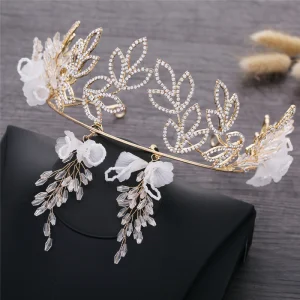 Elegant Gull Bryllup Brudesmykker 2019 Metall Blomst Rhinestone Tiara Krystall Øredobber Tilbehør