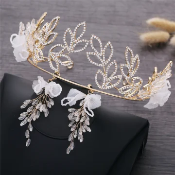 Eleganta Guld Bröllop Brudsmycken 2019 Metall Blomma Rhinestone Tiara Kristall Örhängen Tillbehör