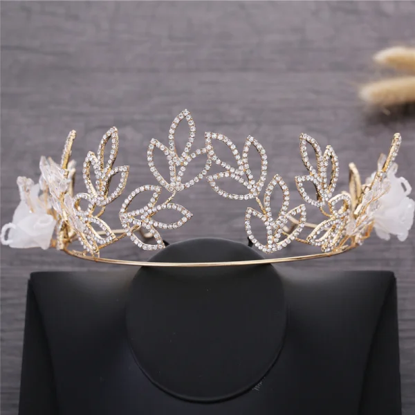 Eleganta Guld Bröllop Brudsmycken 2019 Metall Blomma Rhinestone Tiara Kristall Örhängen Tillbehör