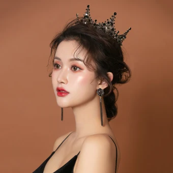 Vintage Retro Baroque Black Bridal Jewelry 2019 Metal Rhinestone Tiara Tassel Earrings Wedding Accessories