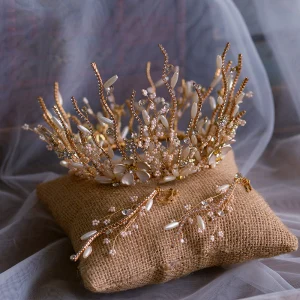 Luxus Herrlich Gold Brautschmuck 2019 Metall Perlenstickerei Perle Strass Diadem Ohrringe Hochzeit Brautaccessoires