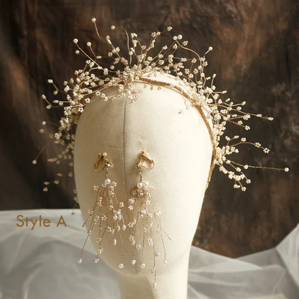 Chic / Beautiful Gold Bridal Hair Accessories 2019 Metal Pearl Tassel Earrings Tiara Wedding Accessories