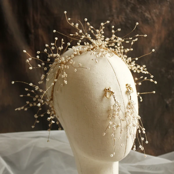 Chic / Beautiful Gold Bridal Hair Accessories 2019 Metal Pearl Tassel Earrings Tiara Wedding Accessories