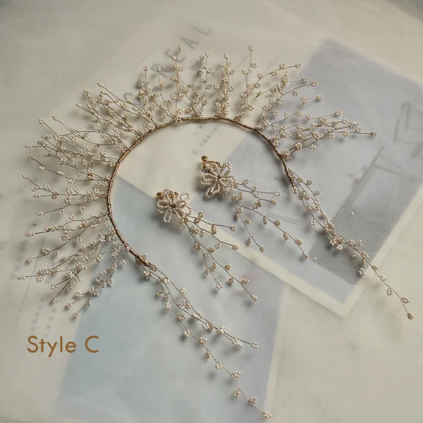 Chic / Beautiful Gold Bridal Hair Accessories 2019 Metal Pearl Tassel Earrings Tiara Wedding Accessories