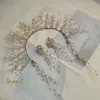 Chic / Beautiful Gold Bridal Hair Accessories 2019 Metal Pearl Tassel Earrings Tiara Wedding Accessories