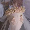 Schöne Gold Haarschmuck Braut  2019 Metall Handgefertigt Perlenstickerei Perle Strass Diadem Hochzeit Brautaccessoires