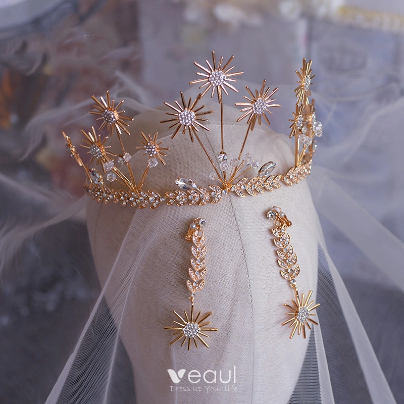 Schöne Gold Haarschmuck Braut 2019 Metall Blatt Ohrringe Diadem Kristall  Strass Hochzeit Brautaccessoires