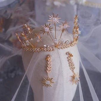 Snygga Fina Guld Brud Huvudbonad 2019 Metall Blad Örhängen Tiara Kristall Rhinestone Bröllop Tillbehör