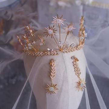 Snygga Fina Guld Brud Huvudbonad 2019 Metall Blad Örhängen Tiara Kristall Rhinestone Bröllop Tillbehör