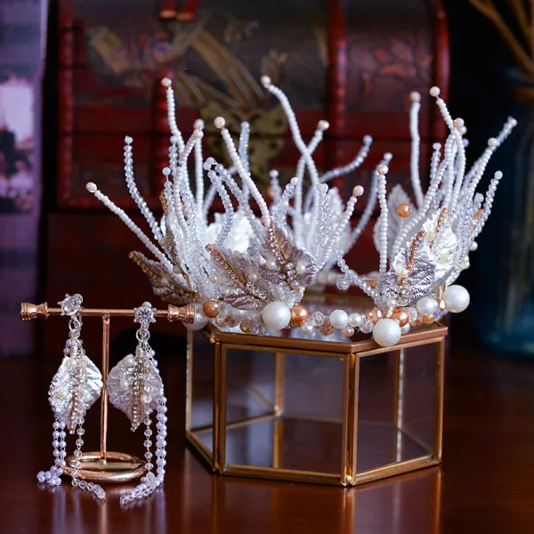 Luxury / Gorgeous White Wedding Bridal Hair Accessories 2019 Metal Tiara Earrings Crystal Rhinestone Leaf Beading Tassel Accessories