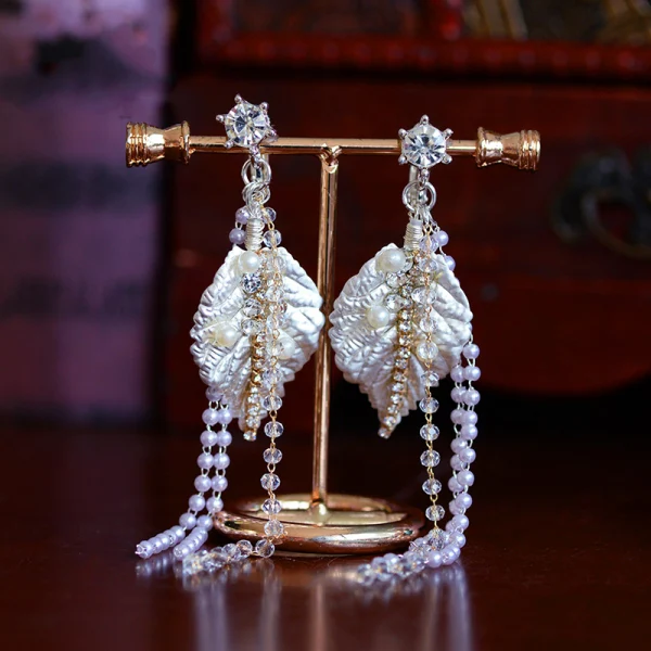 Luxury / Gorgeous White Wedding Bridal Hair Accessories 2019 Metal Tiara Earrings Crystal Rhinestone Leaf Beading Tassel Accessories