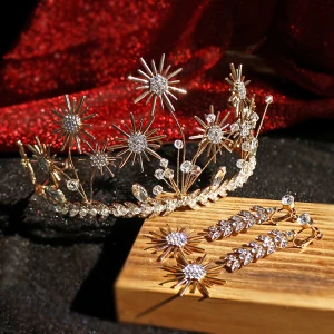 Schöne Gold Brautschmuck 2019 Legierung Strass Blumen Kristall Diadem Ohrringe Hochzeit Brautaccessoires