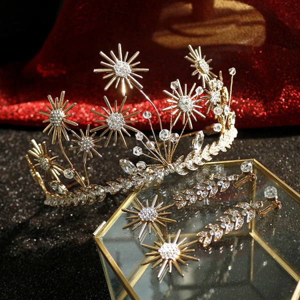 Chic / Beautiful Gold Bridal Jewelry 2019 Alloy Rhinestone Flower Crystal Tiara Earrings Wedding Accessories