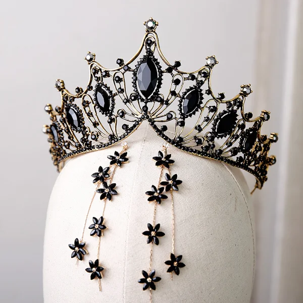 Vintage Barokowy Czarne Kryształ Złote Metal Tiara 2019 Stop Kutas Kolczyki Biżuteria Ślubna