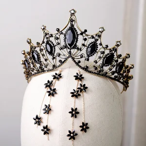 Vintage Barocke Schwarz Kristall Gold Metall Tiara 2019 Legierung Quaste Ohrringe Brautschmuck