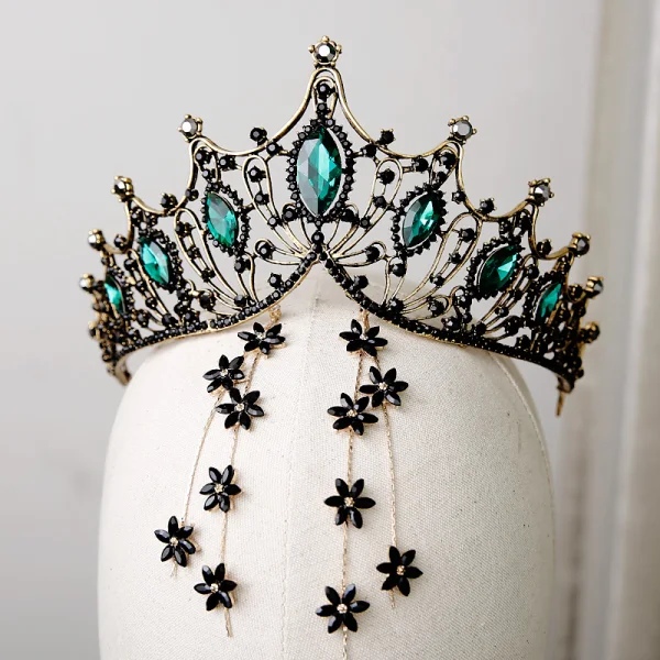 Vintage Barokowy Czarne Kryształ Złote Metal Tiara 2019 Stop Kutas Kolczyki Biżuteria Ślubna