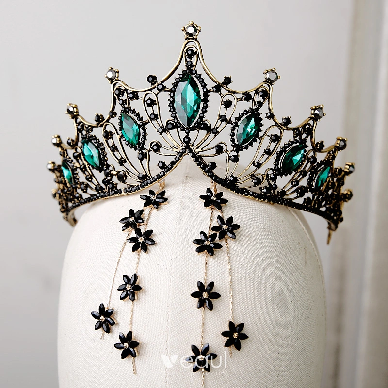 Vintage / Retro Baroque Black Crystal Gold Metal Tiara 2019 Alloy Tassel  Earrings Bridal Jewelry