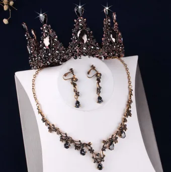 Vintage Retro Baroque Black Crystal Rhinestone Bridal Jewelry 2019 Metal Tiara Earrings Necklace Wedding Accessories