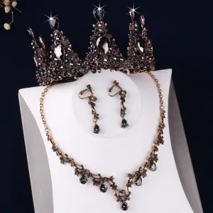 Vintage Barocke Schwarz Kristall Strass Brautschmuck 2019 Metall Tiara Ohrringe Halskette Hochzeit Brautaccessoires