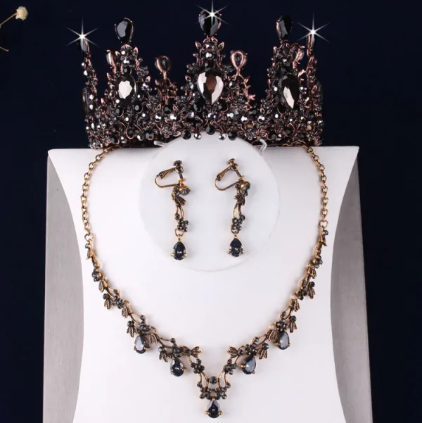 Vintage / Retro Baroque Black Crystal Rhinestone Bridal Jewelry 2019 Metal Tiara Earrings Necklace Wedding Accessories