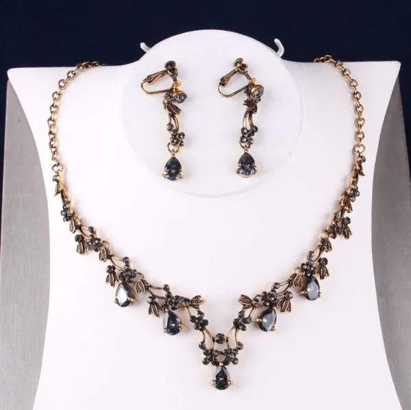 Vintage / Retro Baroque Black Crystal Rhinestone Bridal Jewelry 2019 Metal Tiara Earrings Necklace Wedding Accessories