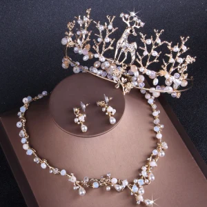 Unique Doré Mariage Accessorize 2019 Métal Cristal Perle Faux Diamant Tiare Boucles D 039 Oreilles Un Collier Bijoux Mariage