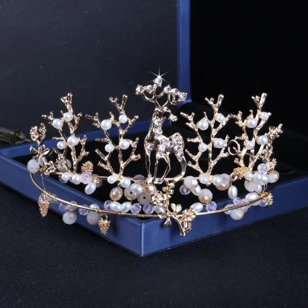 Amazing / Unique Gold Wedding Accessories 2019 Metal Crystal Pearl Rhinestone Tiara Earrings Necklace Bridal Jewelry