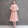 Affordable Pearl Pink Bridesmaid Dresses 2019 A-Line / Princess Tea-length Ruffle Wedding Party Dresses