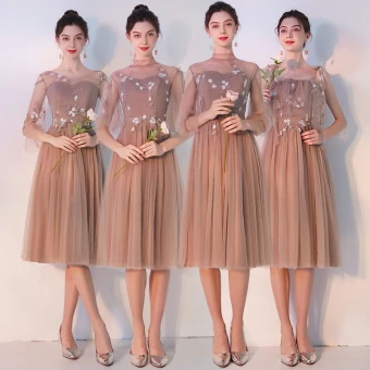 Elegant Khaki See Through Bridesmaid Dresses 2019 A Line Princess Appliques Lace Tea Length Ruffle Backless Wedding Party Dresses