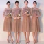 Elegant Khaki See-through Bridesmaid Dresses 2019 A-Line / Princess Appliques Lace Tea-length Ruffle Backless Wedding Party Dresses
