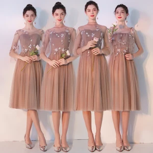Élégant Kaki Transparentes Robe Demoiselle D Honneur 2019 Princesse Appliques En Dentelle Thé Longueur Volants Dos Nu Robe Pour Mariage
