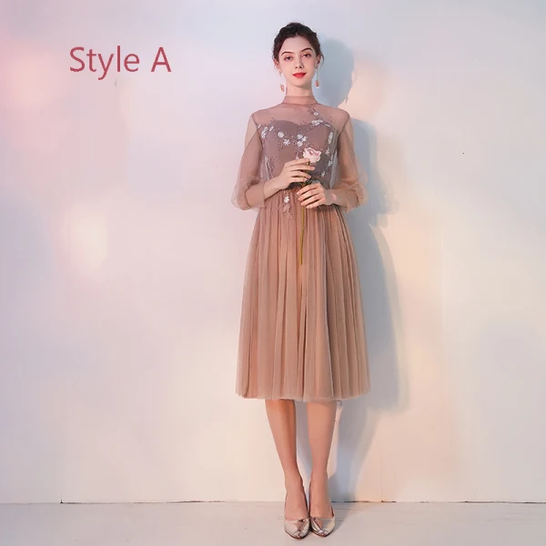 Elegant Khaki See-through Bridesmaid Dresses 2019 A-Line / Princess Appliques Lace Tea-length Ruffle Backless Wedding Party Dresses