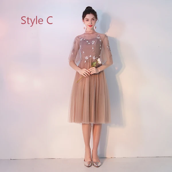 Elegant Khaki See-through Bridesmaid Dresses 2019 A-Line / Princess Appliques Lace Tea-length Ruffle Backless Wedding Party Dresses