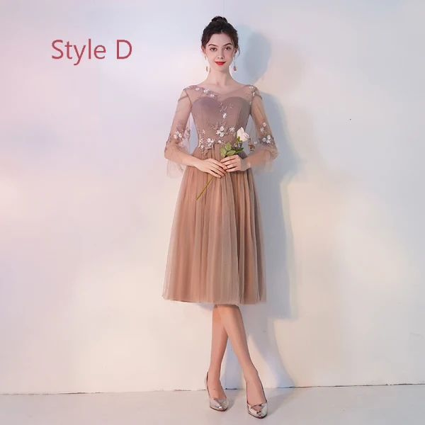 Elegant Khaki See-through Bridesmaid Dresses 2019 A-Line / Princess Appliques Lace Tea-length Ruffle Backless Wedding Party Dresses