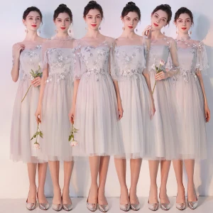 Elegant Grey See Through Bridesmaid Dresses 2019 A Line Princess Appliques Lace Tea Length Ruffle Backless Wedding Party Dresses