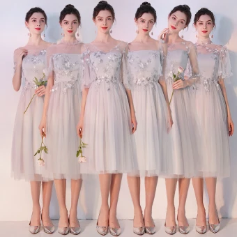 Élégant Gris Transparentes Robe Demoiselle D Honneur 2019 Princesse Appliques En Dentelle Thé Longueur Volants Dos Nu Robe Pour Mariage