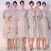 Elegant Grey See-through Bridesmaid Dresses 2019 A-Line / Princess Appliques Lace Tea-length Ruffle Backless Wedding Party Dresses
