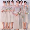 Elegant Grey See-through Bridesmaid Dresses 2019 A-Line / Princess Appliques Lace Tea-length Ruffle Backless Wedding Party Dresses