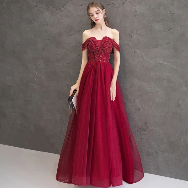 Elegant Burgundy Evening Dresses 2019 A-Line / Princess Off-The-Shoulder Short Sleeve Glitter Tulle Beading Floor-Length / Long Ruffle Backless Formal Dresses