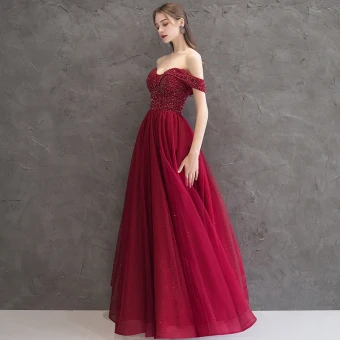 Elegant Burgundy Evening Dresses 2019 A Line Princess Off The Shoulder Short Sleeve Glitter Tulle Beading Floor Length Long Ruffle Backless Formal Dresses