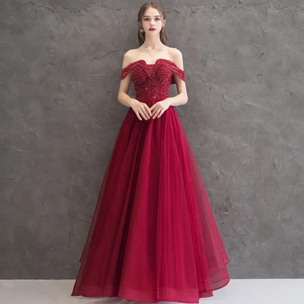 Elegant Burgundy Evening Dresses 2019 A-Line / Princess Off-The-Shoulder Short Sleeve Glitter Tulle Beading Floor-Length / Long Ruffle Backless Formal Dresses