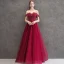 Elegant Burgundy Evening Dresses  2019 A-Line / Princess Off-The-Shoulder Short Sleeve Glitter Tulle Beading Floor-Length / Long Ruffle Backless Formal Dresses