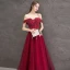 Elegant Burgundy Evening Dresses  2019 A-Line / Princess Off-The-Shoulder Short Sleeve Glitter Tulle Beading Floor-Length / Long Ruffle Backless Formal Dresses