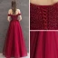 Elegant Burgundy Evening Dresses  2019 A-Line / Princess Off-The-Shoulder Short Sleeve Glitter Tulle Beading Floor-Length / Long Ruffle Backless Formal Dresses