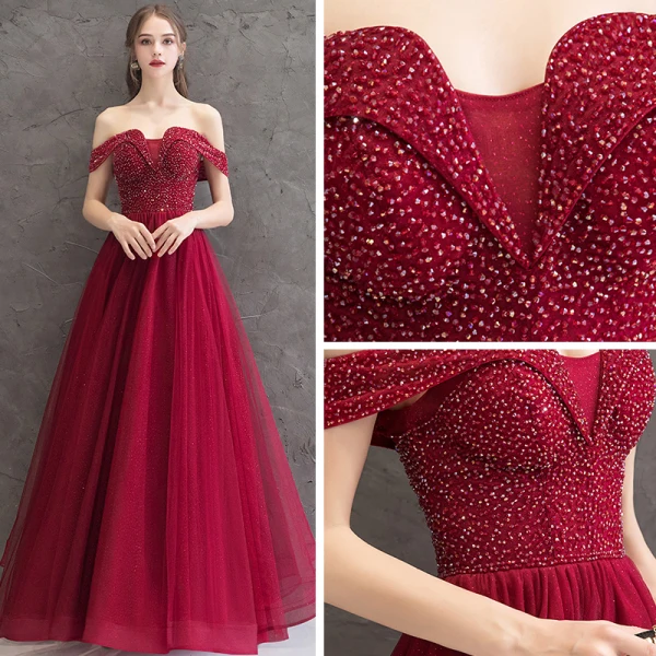 Elegant Burgundy Evening Dresses 2019 A-Line / Princess Off-The-Shoulder Short Sleeve Glitter Tulle Beading Floor-Length / Long Ruffle Backless Formal Dresses