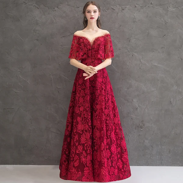 Meilleur Bordeaux Transparentes Robe De Soirée 2019 Princesse Encolure Dégagée Manches Courtes Appliques En Dentelle Faux Diamant Longue Dos Nu Robe De Ceremonie