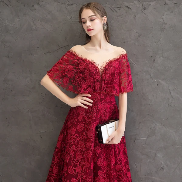Meilleur Bordeaux Transparentes Robe De Soirée 2019 Princesse Encolure Dégagée Manches Courtes Appliques En Dentelle Faux Diamant Longue Dos Nu Robe De Ceremonie
