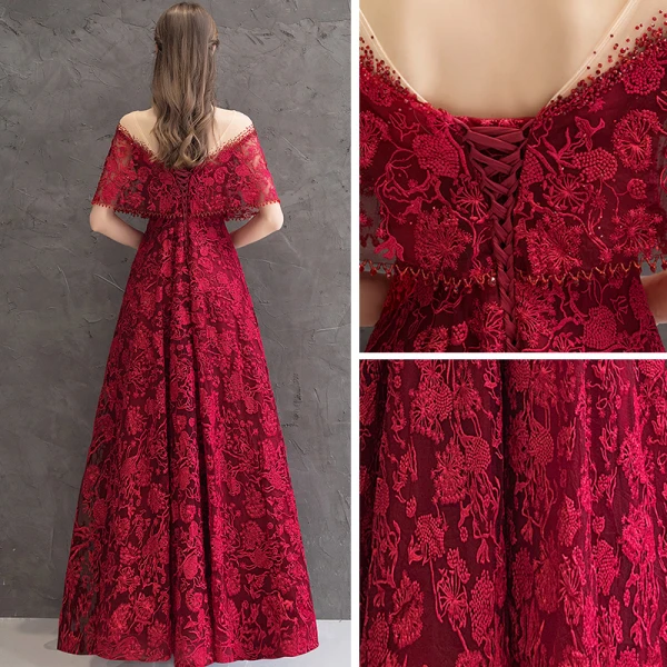 Meilleur Bordeaux Transparentes Robe De Soirée 2019 Princesse Encolure Dégagée Manches Courtes Appliques En Dentelle Faux Diamant Longue Dos Nu Robe De Ceremonie
